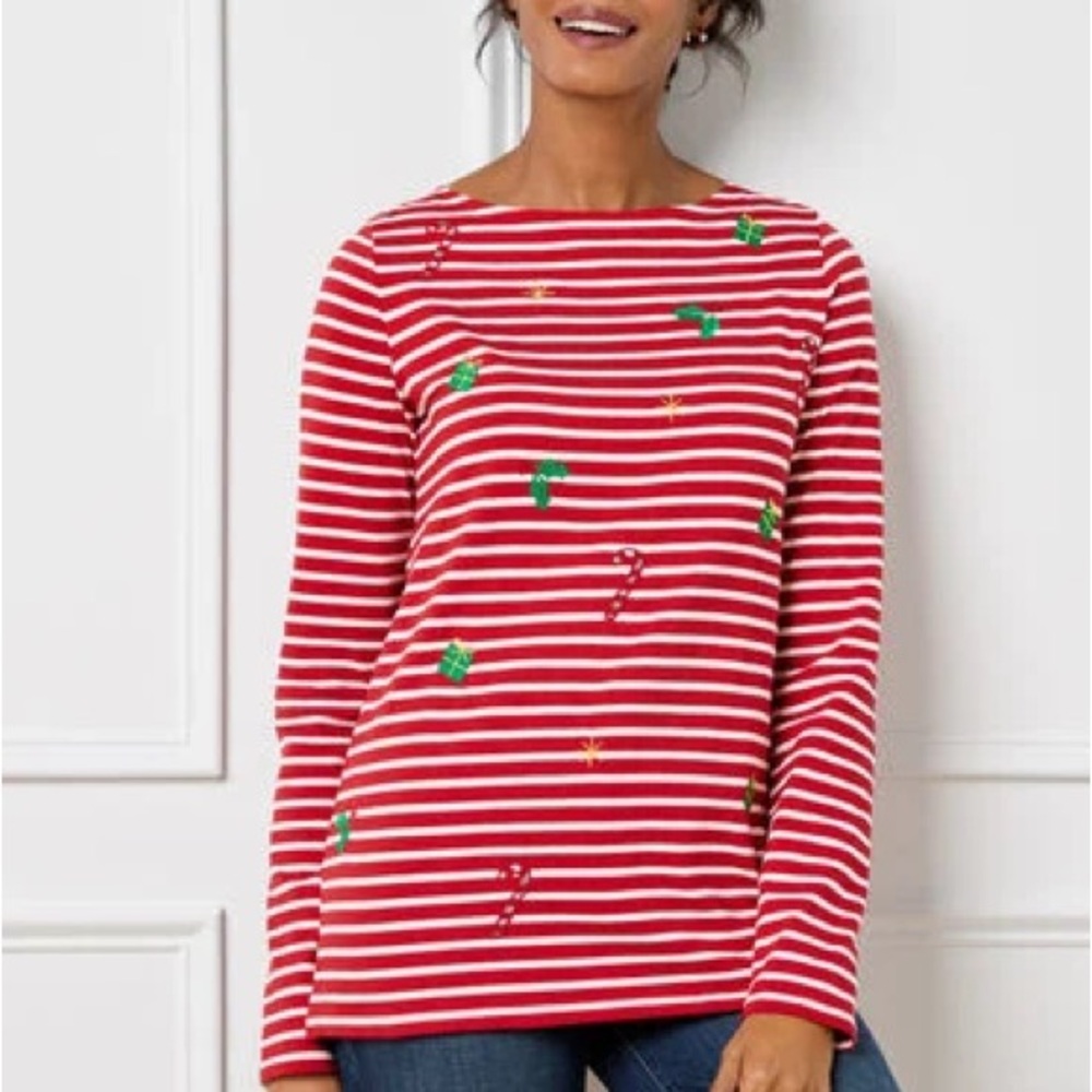 TALBOTS Embroidered Bateau Neck Long Sleeve Tee Holiday Icons Size Medium